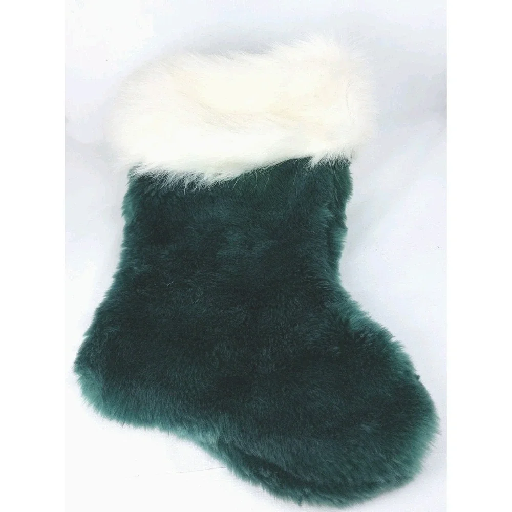 Faux Fur Plush Green and White Christmas Holiday Stocking 9